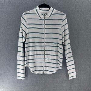 Chaser Women's SZ M NWT white & teal striped zip up cardigan/sweater 100% cotton